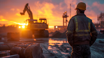 Construction Site Dynamics at Dawn:  A builder overseeing the dynamics of a construction site at dawn, with heavy machinery in motion and the promise of a new day's progress - obrazy, fototapety, plakaty