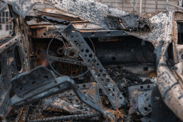 Shahed blew up houses. A bombed residential building and burnt cars after the strike. War in...