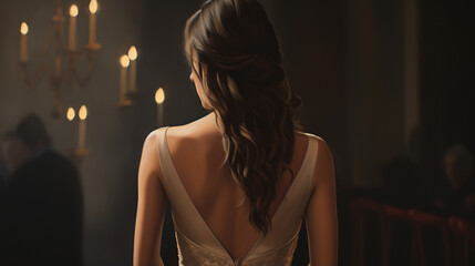 the graceful back of the bride in a white dress with a large cutout on the back, her face turned so that her profile is visible, luxurious hairstyle, she stands in a beautiful church alone