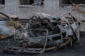 Shahed blew up houses. A bombed residential building and burnt cars after the strike. War in...