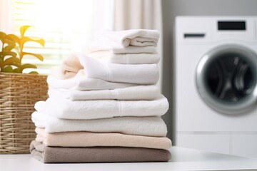 A stack of neatly folded clothes, on top of washing machine, in a luxurious bathroom,