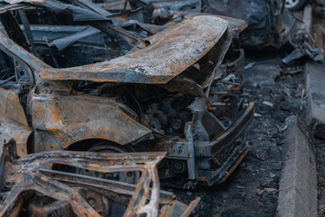 Shahed blew up houses. A bombed residential building and burnt cars after the strike. War in...