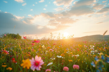 Serene Sunset in the Countryside: Blooming Wild Grass and Pastoral Scenery