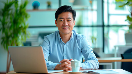 Happy Middle-Aged Asian Businessman: CEO in Blue Shirts Working in Office