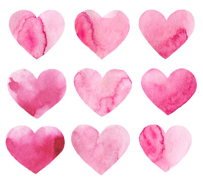 Set of hand drawn watercolor pink hearts isolated on transparent background