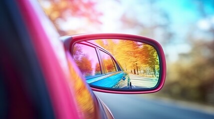 Car side mirror reflection, colorful rainbow, travel adventure, hidden frame, Octane Render, 