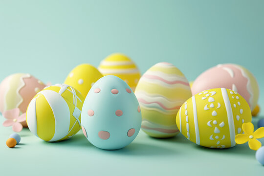 Lots of Easter eggs in trendy pastel candy colors. Festive background.