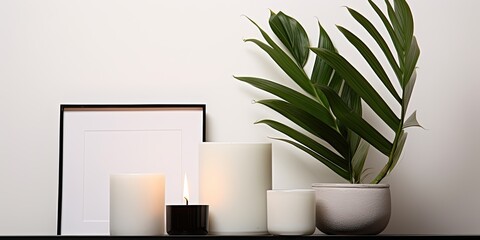 Minimalistic still life in a stylish feminine environment with monstera leaves, cactus, candles, notebooks, and isolated mockup frame on a white and black shelf at home or studio.