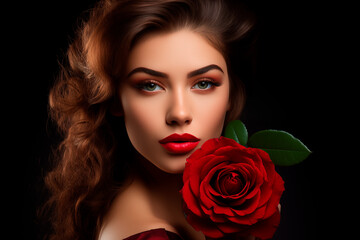 Fototapeta na wymiar beautiful woman with red rose on dark background