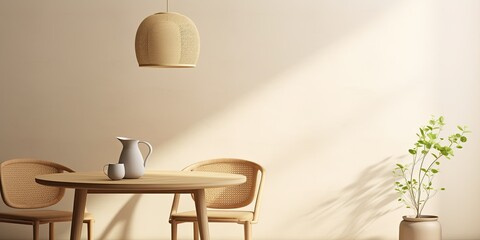 Minimalist kitchen space with round table, rattan chair, tea pot, vase with flower, pedant lamp, and personal accessories. Minimalist home decor in beige wall template. - obrazy, fototapety, plakaty