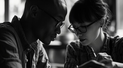 Fototapeta premium Two people writing and talking indoors in black and white