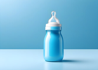 pacifier baby bottle with milk on a minimalistic pastel blue background - obrazy, fototapety, plakaty