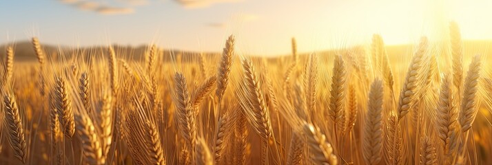 Golden ears of wheat in a wheat field, paramount light, realistic