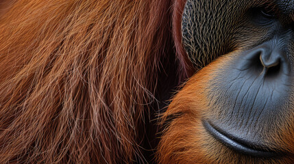 Primal Elegance: Intimate Close-Up of Orangutan Für. Generative AI