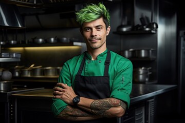 Man, Green Hair, Wearing a Chef Uniform