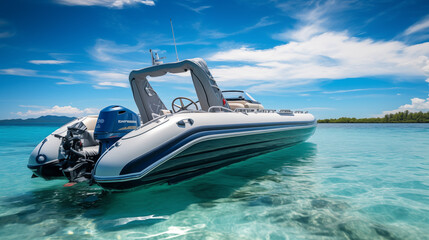 Luxury motor boat in clear waters of shallow ocean waters.