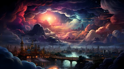 A top view of a vibrant rainbow spanning across a vibrant cityscape at night, with fluffy clouds and illuminated buildings, showcasing the dynamic and colorful nightlife.