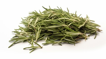 an isolated heap of dried rosemary leaves on a pristine white surface, capturing the herb's green color and needle-like leaves.