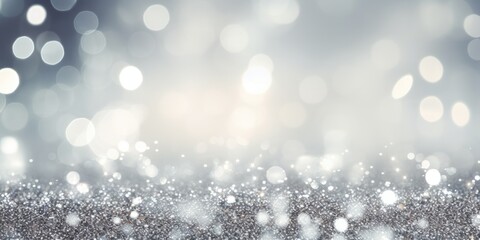 Shiny silver white abstract blurred bokeh lights background. Festive glitter sparkle background 