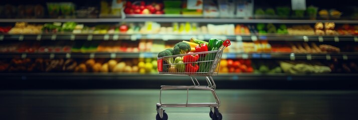 Shopping trolley full with vegetables and fruits in supermarket background, photography, cinematic still shot 