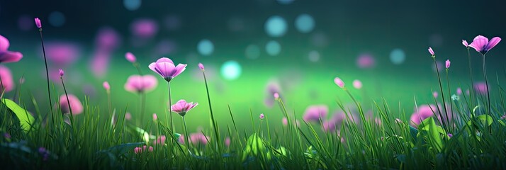 There are a few pink wildflowers in the emerald green grass, Cinematic lighting, light track...