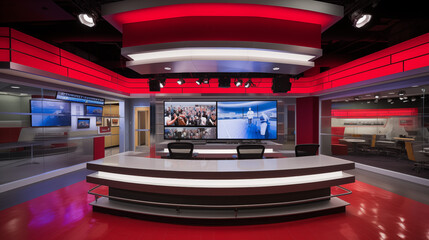 Empty news station stage. Newsroom with two chairs at a desk for news anchors. - obrazy, fototapety, plakaty