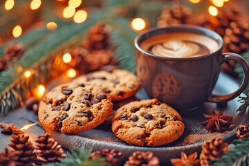 A cup of hot cappuccino coffee and chocolate chip cookies on a dark wood table. Mug with coffee and milk on a background of Christmas and garlands. Warm winter atmosphere. Hot drink banner - obrazy, fototapety, plakaty