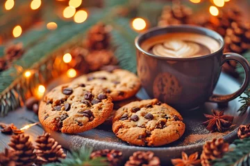 Poster A cup of hot cappuccino coffee and chocolate chip cookies on a dark wood table. Mug with coffee and milk on a background of Christmas and garlands. Warm winter atmosphere. Hot drink banner © Pink Zebra
