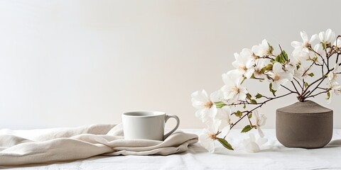 Fototapeta na wymiar Nordic-style home decor with coffee and flowers on a linen table. White wall in the background. Morning breakfast idea.