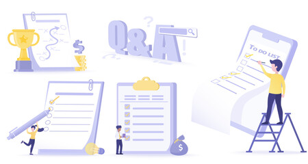To-do lists, question and answer collection set. Strategy planning, tactical management, checklist, reminder, assignment, questionnaire, search and research. Flat vector design illustration.