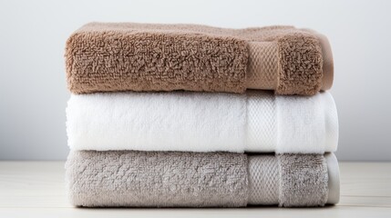 Fototapeta na wymiar Towels neatly stacked, white back ground, three color, white grey brown 