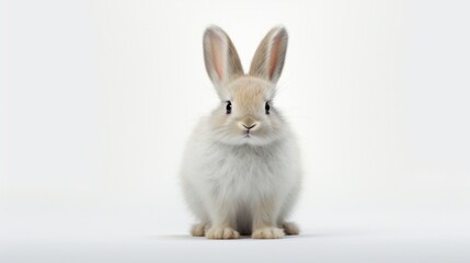 an isolated rabbit, its fluffy tail and adorable ears making a delightful composition against a pristine white surface.