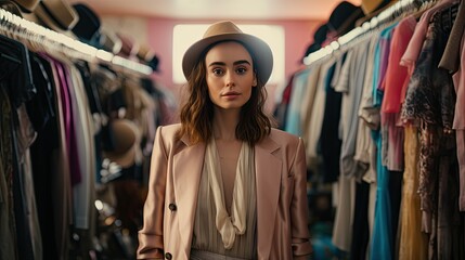 Wide shot of Lily Collins looking around her in the middle of a huge dressing room, pastel-colored clothes classed by colors, natural atmosphere, natural daylight, color photography, 