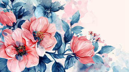 Greeting card with spring pink flowers and blue leaves in watercolor style. Floral design with copy space.