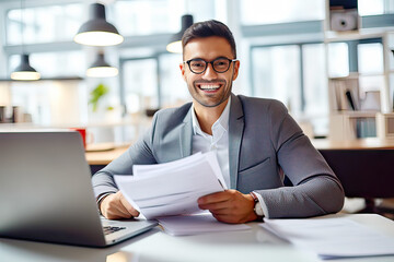 Obraz premium Positive businessman sit at table in office working and holding document paper