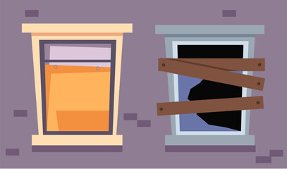 New old window house home building interior renovation before after concept. Vector flat graphic design illustration