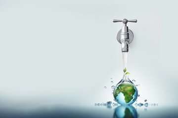 A water droplet with earth inside from water tap, World water day , saving water.