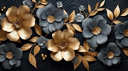 3d mural floral wallpaper. golden and black flowers and leaves. 3d render background wall decor