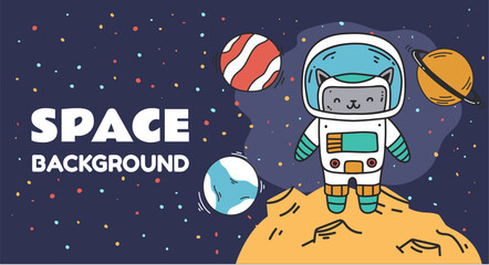 Space galaxy planet universe cat astronaut background concept. Vector flat graphic design illustration - obrazy, fototapety, plakaty