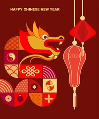 Chinese New Year poster (banner template) made of simple, flat graphic elements in Asian style. Cute digital illustration ideal for printing, branding, social media, scrapbooking and DIY