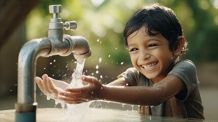 A Child boy washing hand , world water day , Natural climate change. - obrazy, fototapety, plakaty