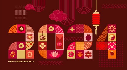 Chinese New Year poster (banner template) made of simple, flat graphic elements in Asian style. Cute digital illustration ideal for printing, branding, social media, scrapbooking and DIY