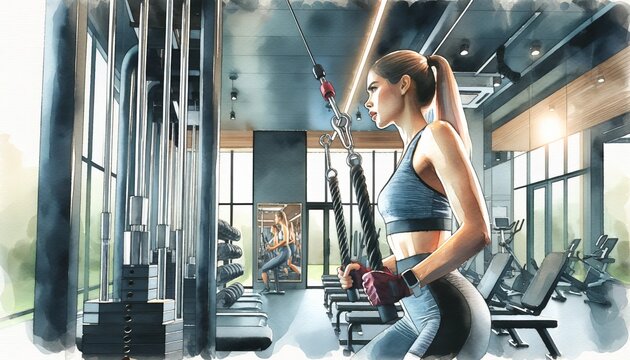 The image is a watercolor of a woman exercising at a gym.