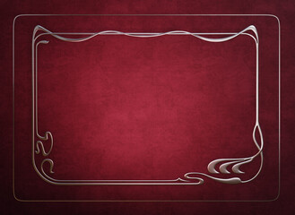 Rectangular metallic retro framework against a dark red velvet. Art Nouveau style. 3D render.