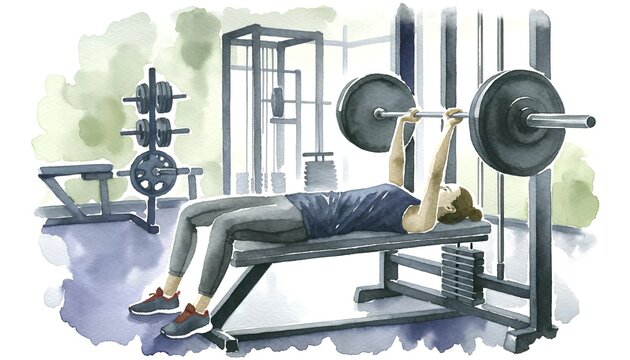 The image shows a watercolor of a woman bench pressing in a gym.