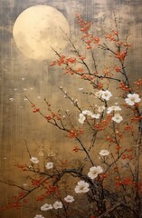 A Painting Inspired by Ancient Chinese Art, Featuring a Full Moon Illuminating Flowering Bushes in the Style of Cherry Blossoms, Rendered in Light Brown and Gray Tones.