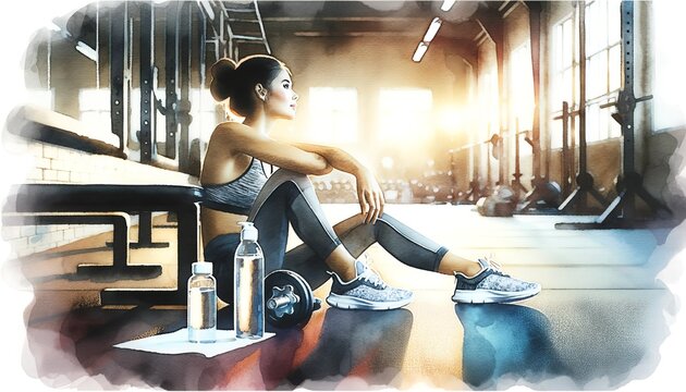 The image is a watercolor-style artwork depicting a young woman resting in a gym. The sun is shining through the windows, and she is sitting next to some gym equipment.