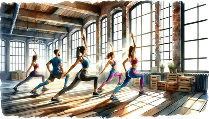 Foto op Plexiglas The image is a watercolor-style depiction of a yoga class with participants in various poses, bathed in sunlight from large windows. © S photographer