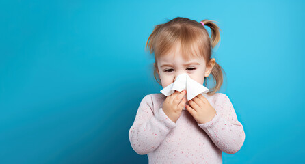 Child hold napkin cover nose and sneezing, Flu, Un healthy, Cold, Covid 19,  Long Covid Awareness Day, World Tuberculosis Day - obrazy, fototapety, plakaty