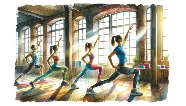 The image is a watercolor-style depiction of a yoga class with participants in various poses, bathed in sunlight from large windows.